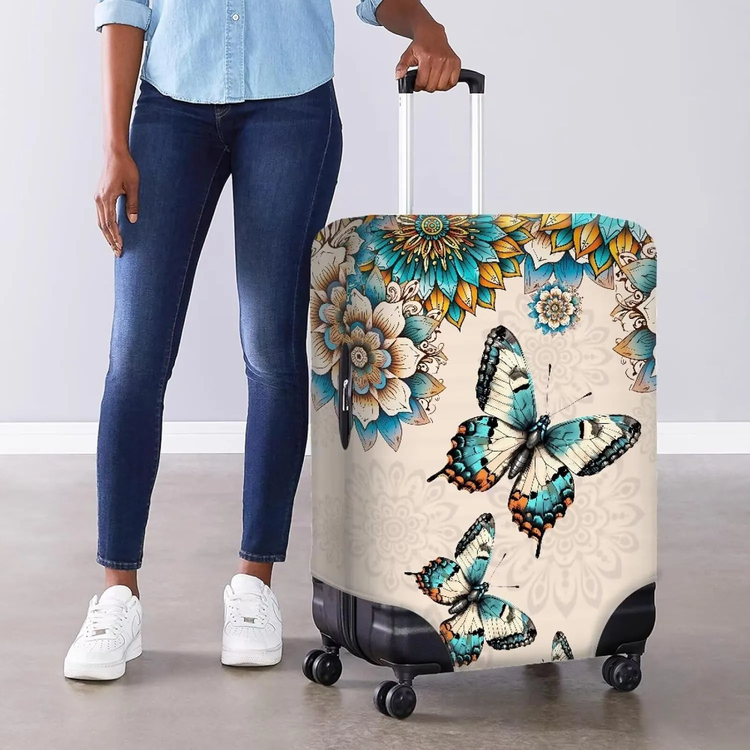 Travel Luggage Cover, Boho Butterfly Flower Print Pink Suitcase Protector Travel Lables Elastic Stretchable Washable Baggage Covers Fits 25-28 Inch Luggage