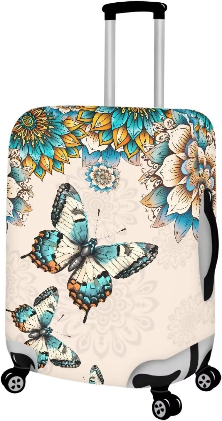 Travel Luggage Cover, Boho Butterfly Flower Print Pink Suitcase Protector Travel Lables Elastic Stretchable Washable Baggage Covers Fits 25-28 Inch Luggage