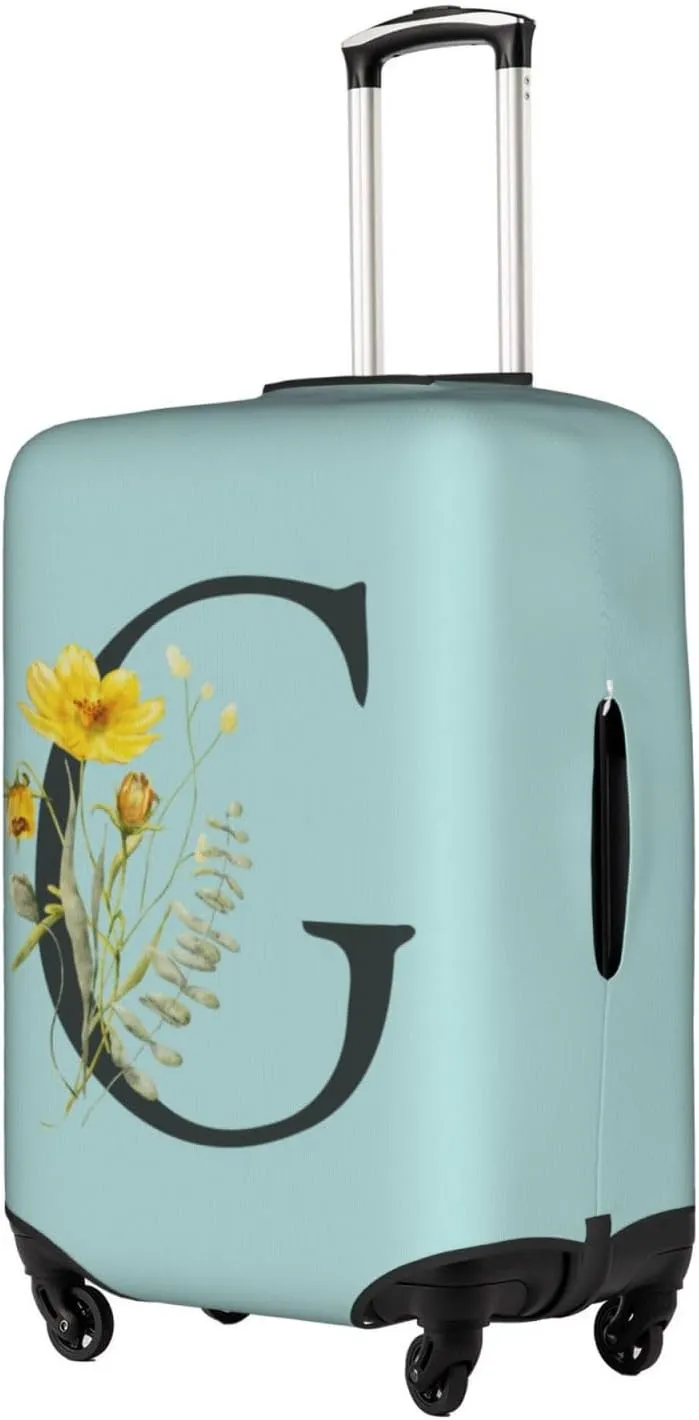 Travel Luggage Cover Elastic Blue Suitcase Protector Bag,Black Letter G Boho Floral Flowers Leaves Dust-Proof Washable Baggage Covers For Wheeled Suitcase Kid Adult,L (For 25-28 Inch Luggage)
