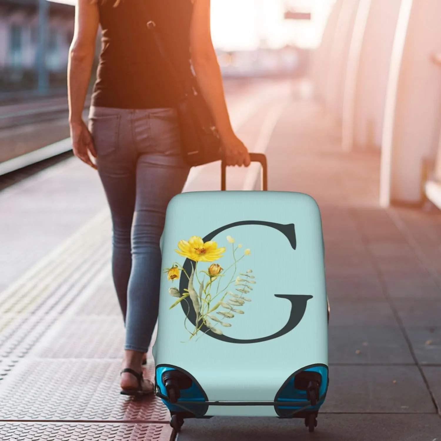 Travel Luggage Cover Elastic Blue Suitcase Protector Bag,Black Letter G Boho Floral Flowers Leaves Dust-Proof Washable Baggage Covers For Wheeled Suitcase Kid Adult,L (For 25-28 Inch Luggage)