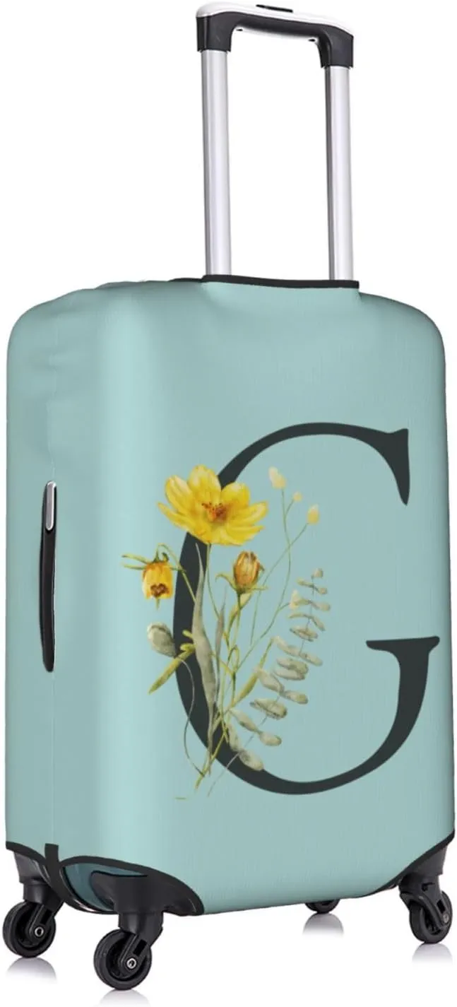 Travel Luggage Cover Elastic Blue Suitcase Protector Bag,Black Letter G Boho Floral Flowers Leaves Dust-Proof Washable Baggage Covers For Wheeled Suitcase Kid Adult,L (For 25-28 Inch Luggage)
