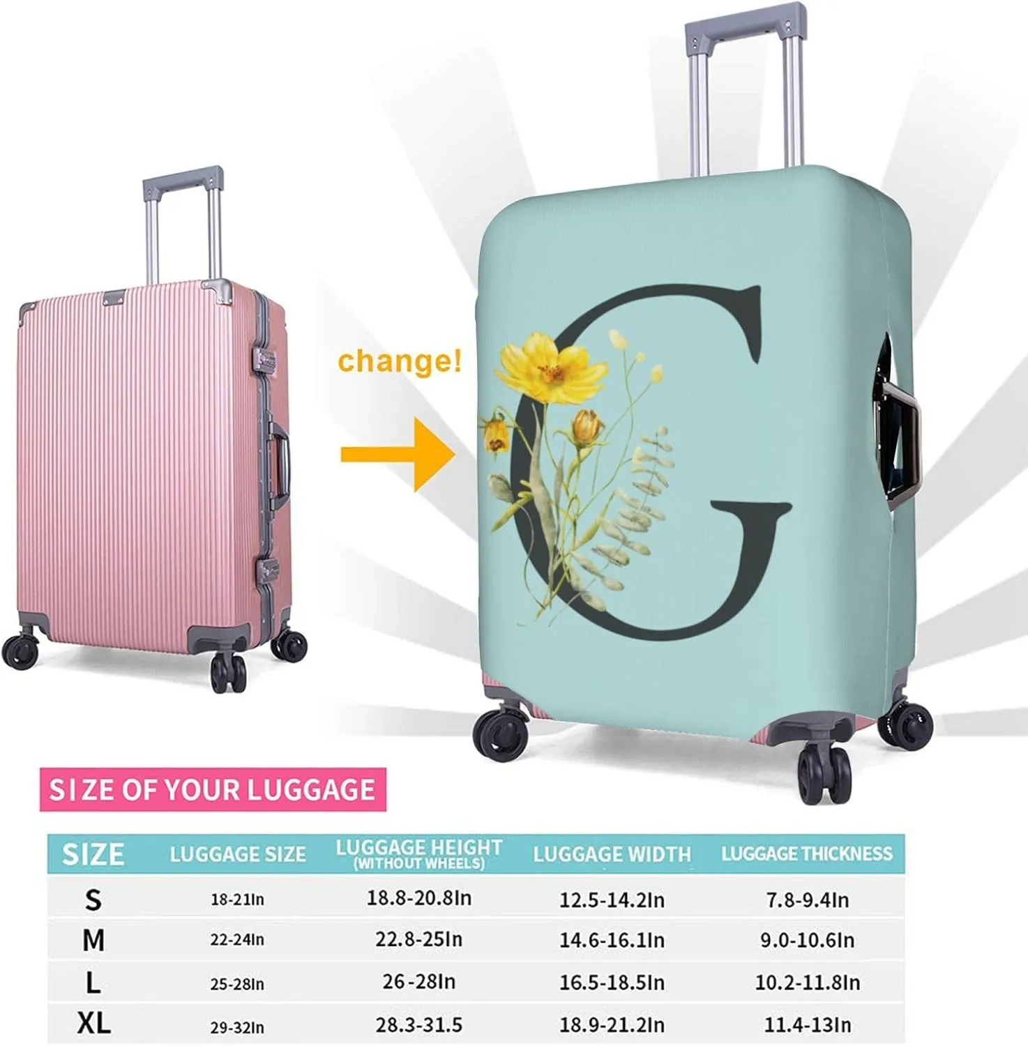 Travel Luggage Cover Elastic Blue Suitcase Protector Bag,Black Letter G Boho Floral Flowers Leaves Dust-Proof Washable Baggage Covers For Wheeled Suitcase Kid Adult,L (For 25-28 Inch Luggage)