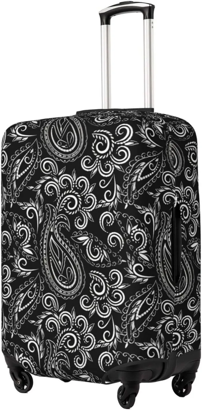 Travel Luggage Cover Suitcase Elastic Washable Stretch Black Paisley Flowers Ethnic Suitcase Protector Bag,Anti-Scratch Spandex With Zipper Closure Baggage Covers For Wheeled Suitcase Kid Adult