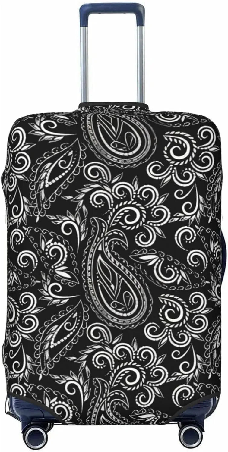 Travel Luggage Cover Suitcase Elastic Washable Stretch Black Paisley Flowers Ethnic Suitcase Protector Bag,Anti-Scratch Spandex With Zipper Closure Baggage Covers For Wheeled Suitcase Kid Adult