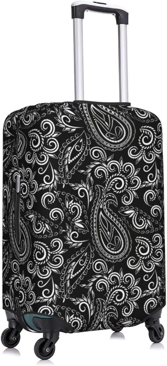Travel Luggage Cover Suitcase Elastic Washable Stretch Black Paisley Flowers Ethnic Suitcase Protector Bag,Anti-Scratch Spandex With Zipper Closure Baggage Covers For Wheeled Suitcase Kid Adult