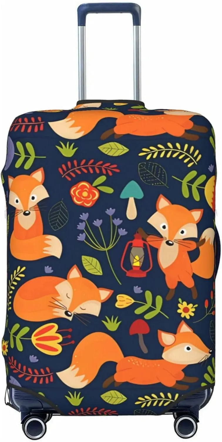 Travel Luggage Cover Suitcase Elastic Washable Stretch Cute Fox Purple Floral Suitcase Protector Bag,Anti-Scratch Dust-Proof Double-Sided Baggage Covers For Wheeled Suitcase Kid Adult