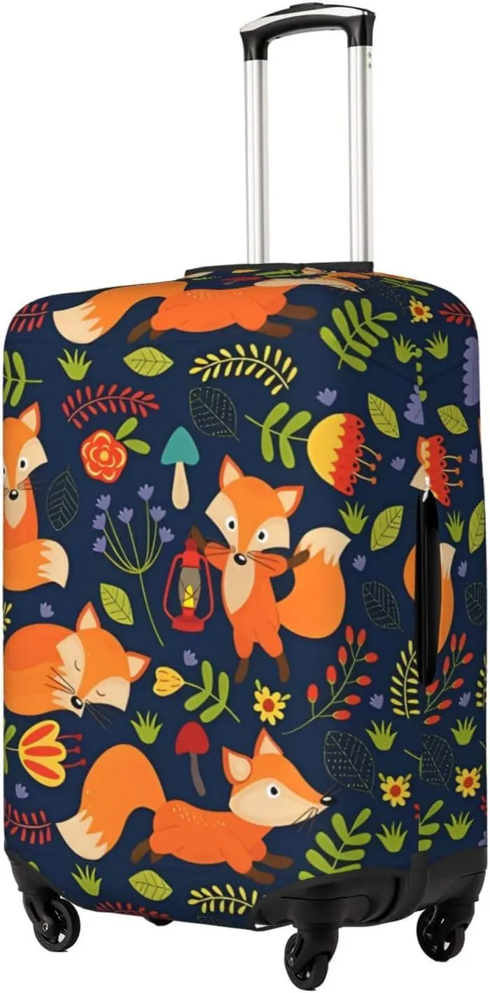 Travel Luggage Cover Suitcase Elastic Washable Stretch Cute Fox Purple Floral Suitcase Protector Bag,Anti-Scratch Dust-Proof Double-Sided Baggage Covers For Wheeled Suitcase Kid Adult