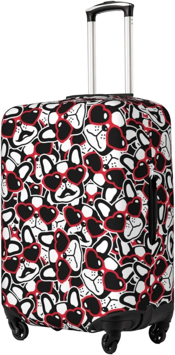 Travel Luggage Cover Suitcase Elastic Washable Stretch French Bulldogs With Heart Sunglasses Valentine Suitcase Protector Bag,Anti-Scratch Spandex Double-Sided