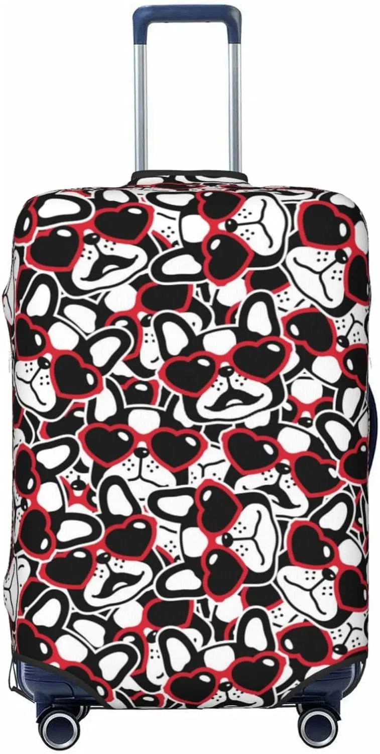 Travel Luggage Cover Suitcase Elastic Washable Stretch French Bulldogs With Heart Sunglasses Valentine Suitcase Protector Bag,Anti-Scratch Spandex Double-Sided