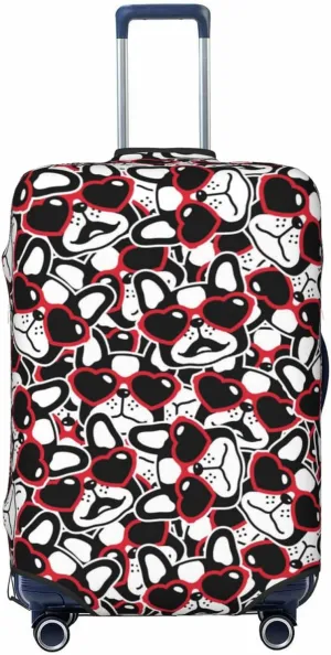 Travel Luggage Cover Suitcase Elastic Washable Stretch French Bulldogs With Heart Sunglasses Valentine Suitcase Protector Bag,Anti-Scratch Spandex Double-Sided