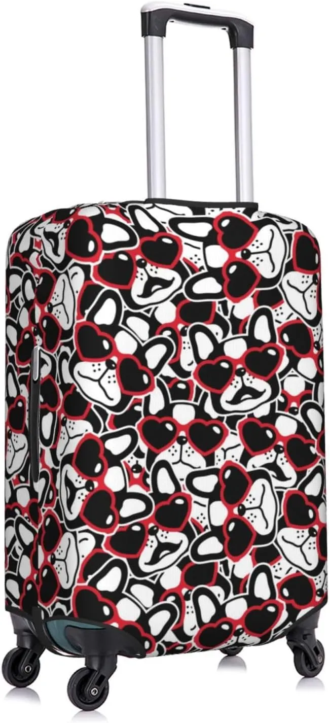 Travel Luggage Cover Suitcase Elastic Washable Stretch French Bulldogs With Heart Sunglasses Valentine Suitcase Protector Bag,Anti-Scratch Spandex Double-Sided