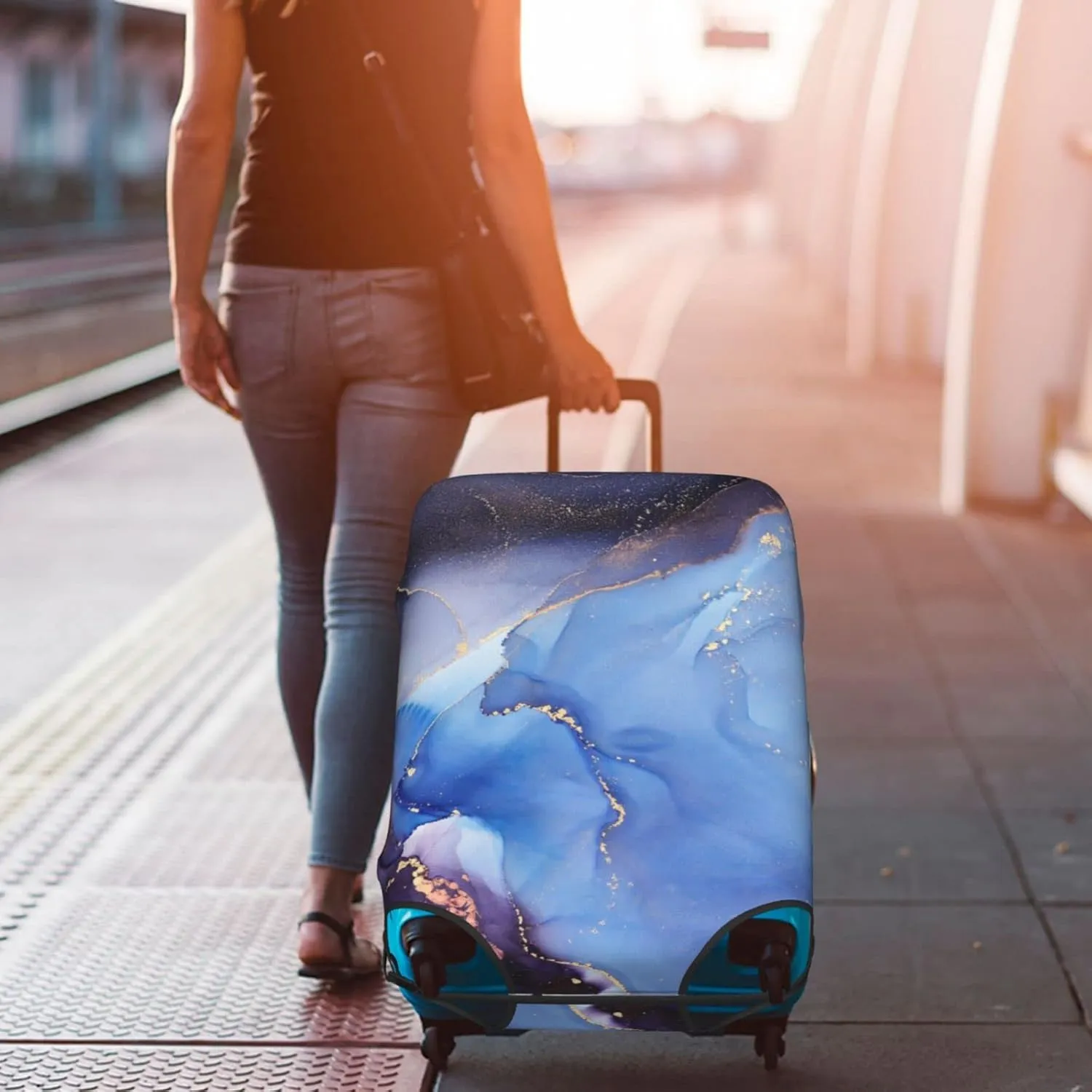Travel Luggage Cover Suitcase Protector Fits 22-24 Inch Luggage, Blue Purple Marble Elastic Washable Stretchy Anti-scratch Baggage Cover with Concealed Zipper for Wheeled Suitcase Travel Accessories