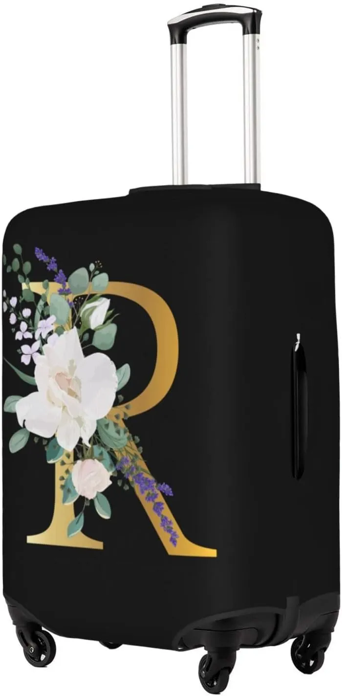 Travel Luggage Cover Suitcase Protector Fits 25-28 Inch Luggage, Flower Letter R Boho Golden R Black Elastic Stretch Washable Suitcase Sleeve for Wheeled Suitcase for Teen Men Women
