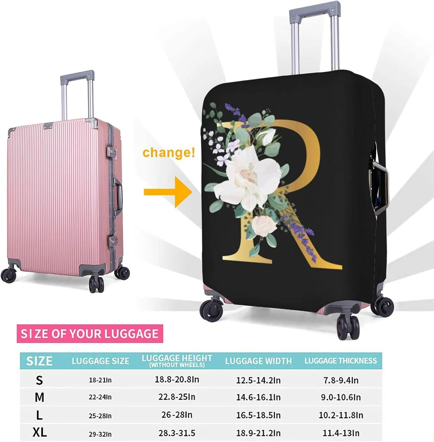 Travel Luggage Cover Suitcase Protector Fits 25-28 Inch Luggage, Flower Letter R Boho Golden R Black Elastic Stretch Washable Suitcase Sleeve for Wheeled Suitcase for Teen Men Women
