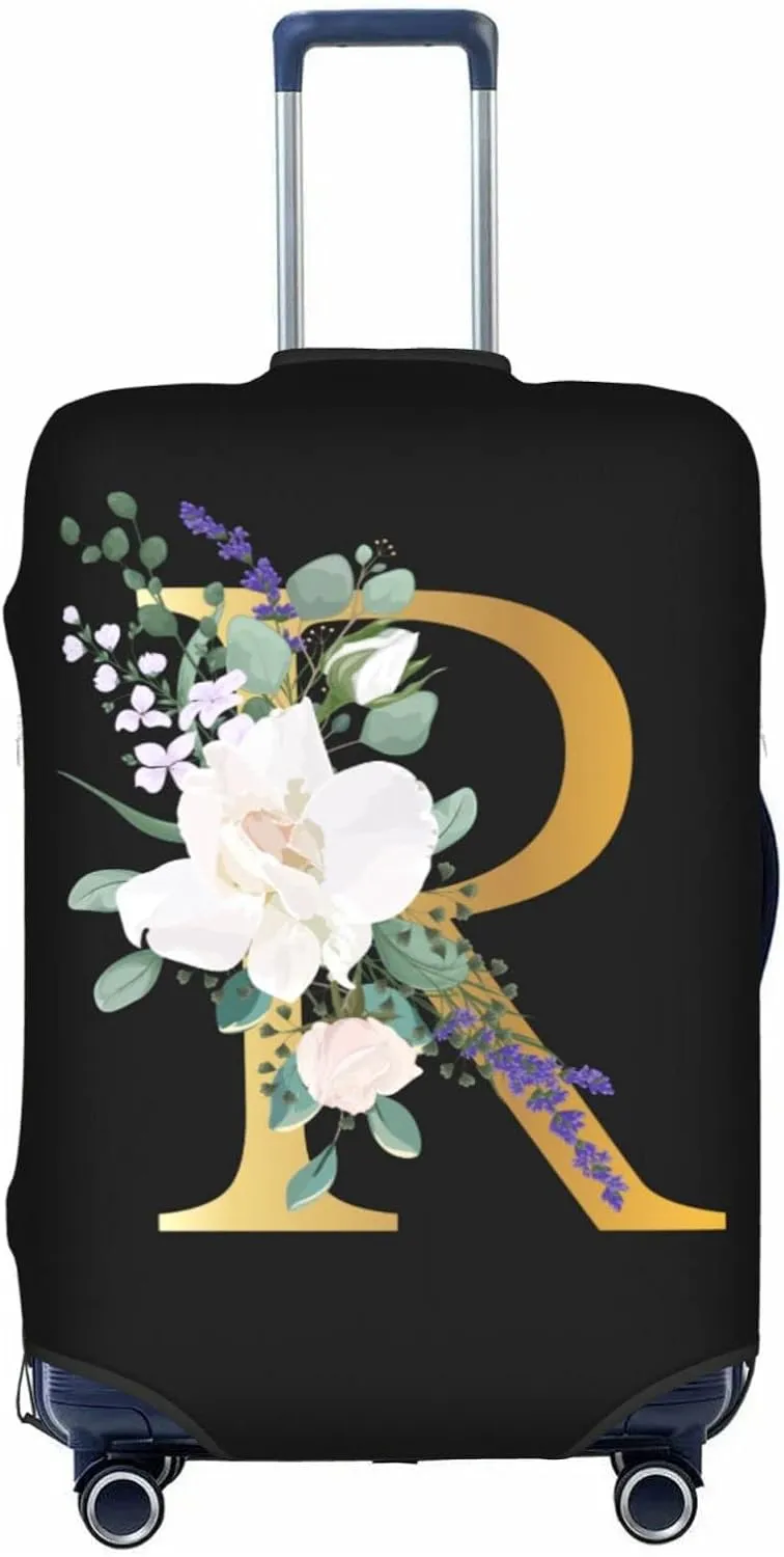 Travel Luggage Cover Suitcase Protector Fits 25-28 Inch Luggage, Flower Letter R Boho Golden R Black Elastic Stretch Washable Suitcase Sleeve for Wheeled Suitcase for Teen Men Women