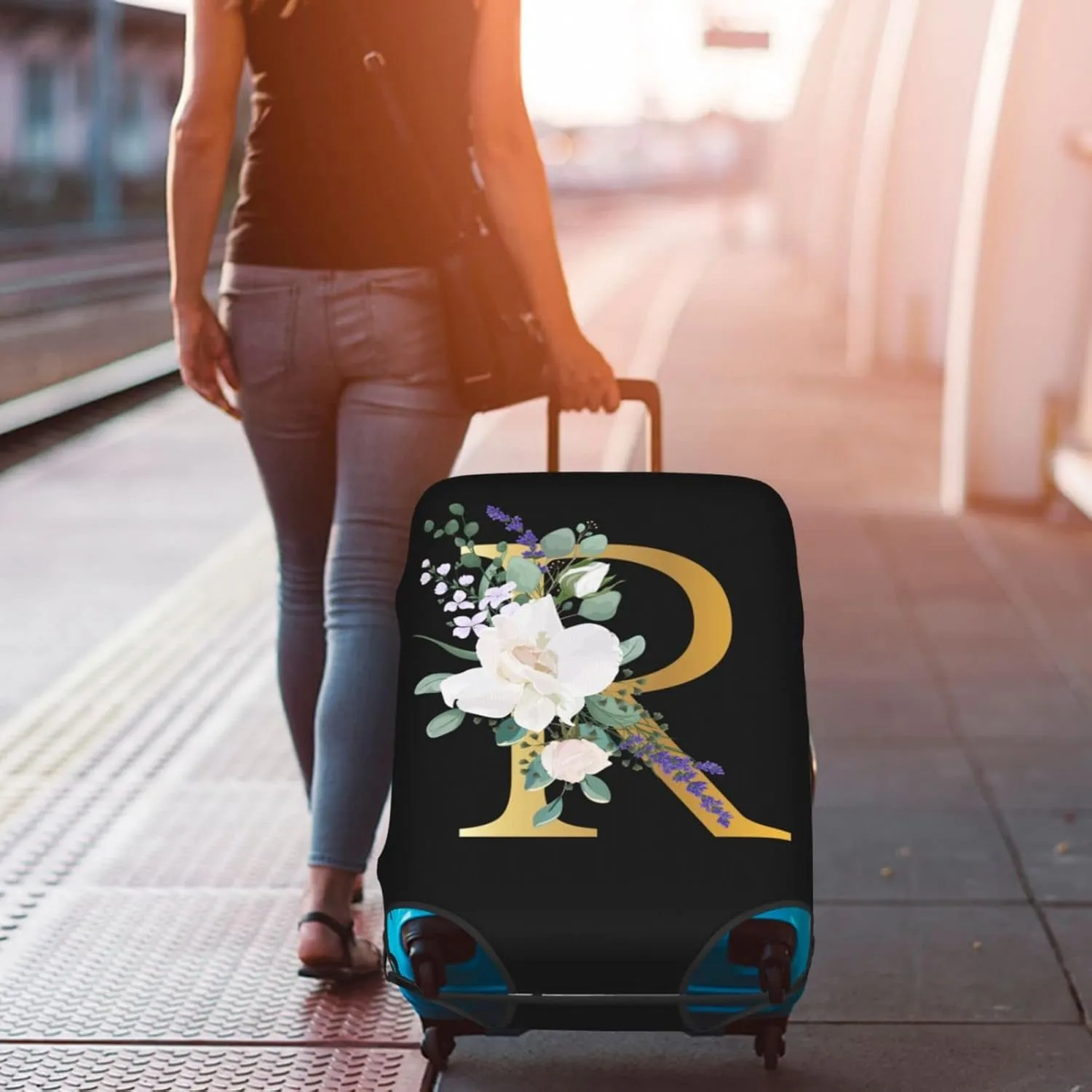 Travel Luggage Cover Suitcase Protector Fits 25-28 Inch Luggage, Flower Letter R Boho Golden R Black Elastic Stretch Washable Suitcase Sleeve for Wheeled Suitcase for Teen Men Women