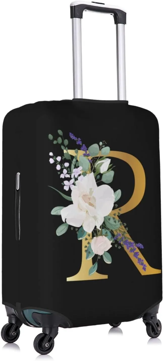 Travel Luggage Cover Suitcase Protector Fits 25-28 Inch Luggage, Flower Letter R Boho Golden R Black Elastic Stretch Washable Suitcase Sleeve for Wheeled Suitcase for Teen Men Women