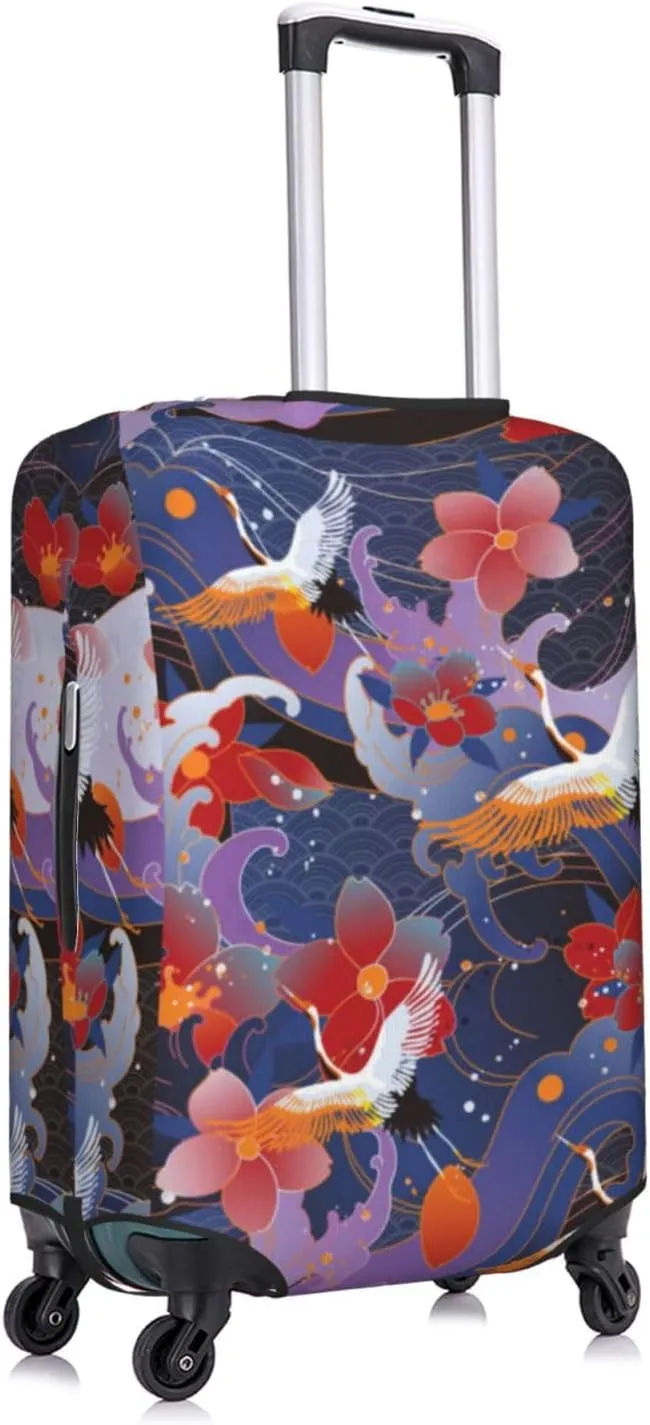 Travel Luggage Cover Suitcase Stretch Washable Asian Chinese Crane Bird Flowers Suitcase Protector Bag,Dust-Proof Double-Sided Baggage Covers For Kid Adult,X-Large