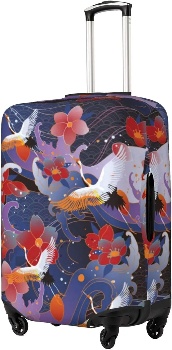 Travel Luggage Cover Suitcase Stretch Washable Asian Chinese Crane Bird Flowers Suitcase Protector Bag,Dust-Proof Double-Sided Baggage Covers For Kid Adult,X-Large