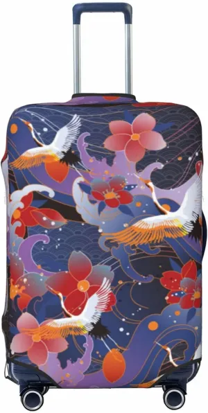 Travel Luggage Cover Suitcase Stretch Washable Asian Chinese Crane Bird Flowers Suitcase Protector Bag,Dust-Proof Double-Sided Baggage Covers For Kid Adult,X-Large