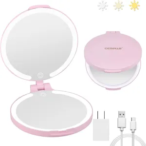 Travel Magnifying Mirror with 3 Colors Light, 7'' 1X/10X Makeup Mirror for Pocket, Travel, Rechargeable Portable 2-Sided Mirror with Touch Dimming for Girls,Women by Pink