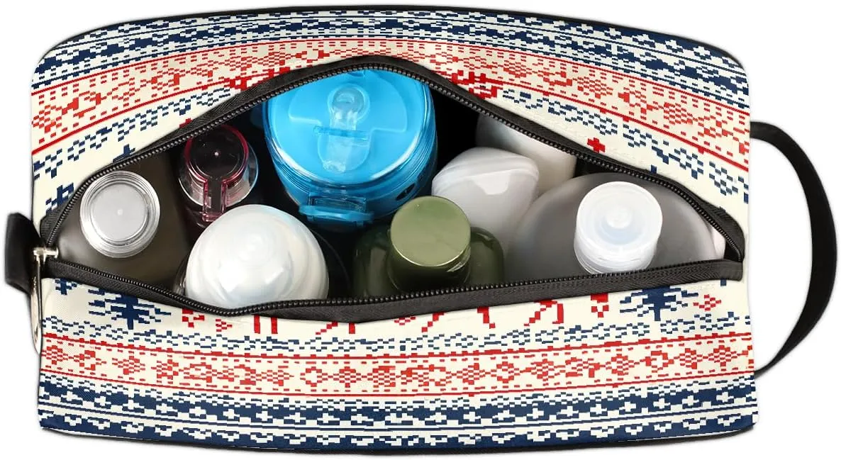 Travel Makeup Bag for Women, Portable Cosmetic Organizer Pouch, Wide Open Toiletries Travel Bag with Handle, Christmas Xmas Deer Elk Retro