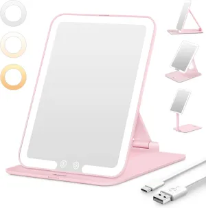 Travel Makeup Mirror with 3 Dimmable Color Lights, Portable Foldable LED Lighted Travel Makeup Mirror, Rechargeable Compact Vanity Mirror with Light, Adjustable Height and Angle for Desk, Pink