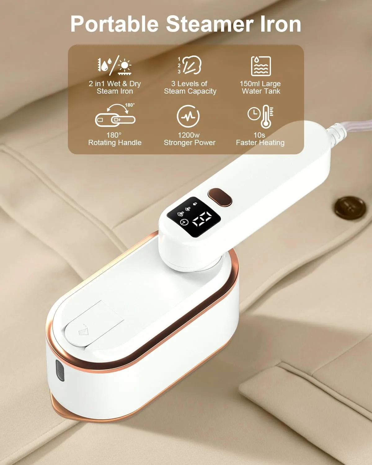 Travel Steamer Iron for Clothes - 1200W Handheld Size Portable Travel Steamer, 3 Steam Levels Clothes Steamer with LCD Screen, 10S Fast Heat-up Steamer for Dress Shirt Home Travel (White)