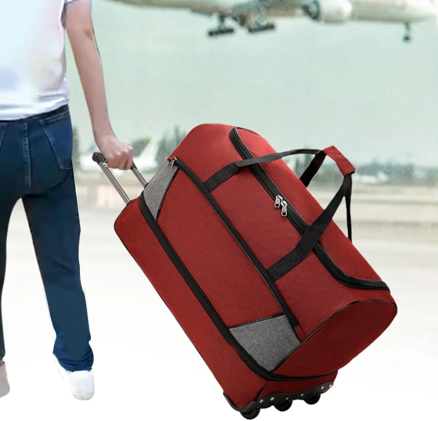 Travel Trolley Duffel Bag with Wheels for Men And Women, Red, M