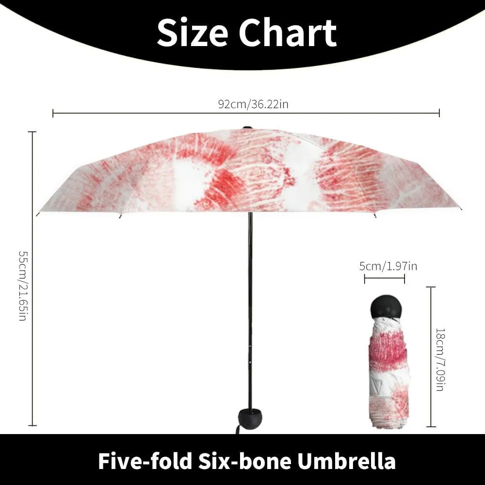 Travel Umbrella for Rain Windproof Watercolor pink lips mouth allover print Air kiss Kiss an an Cute Portable Compact Mini Umbrella for Women Purse Backpack Car Black Sun UV Protection