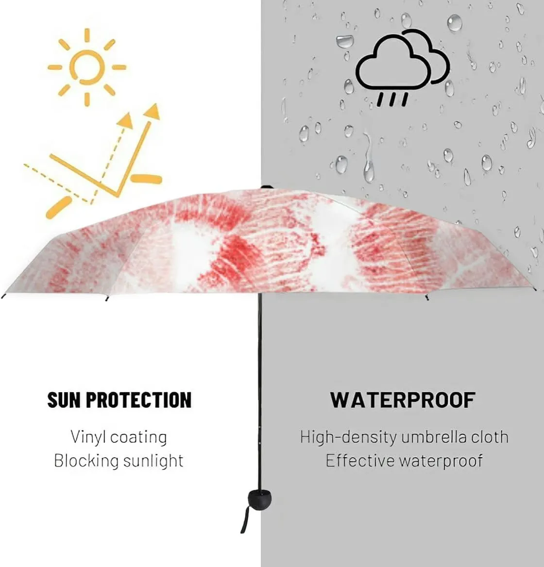 Travel Umbrella for Rain Windproof Watercolor pink lips mouth allover print Air kiss Kiss an an Cute Portable Compact Mini Umbrella for Women Purse Backpack Car Black Sun UV Protection