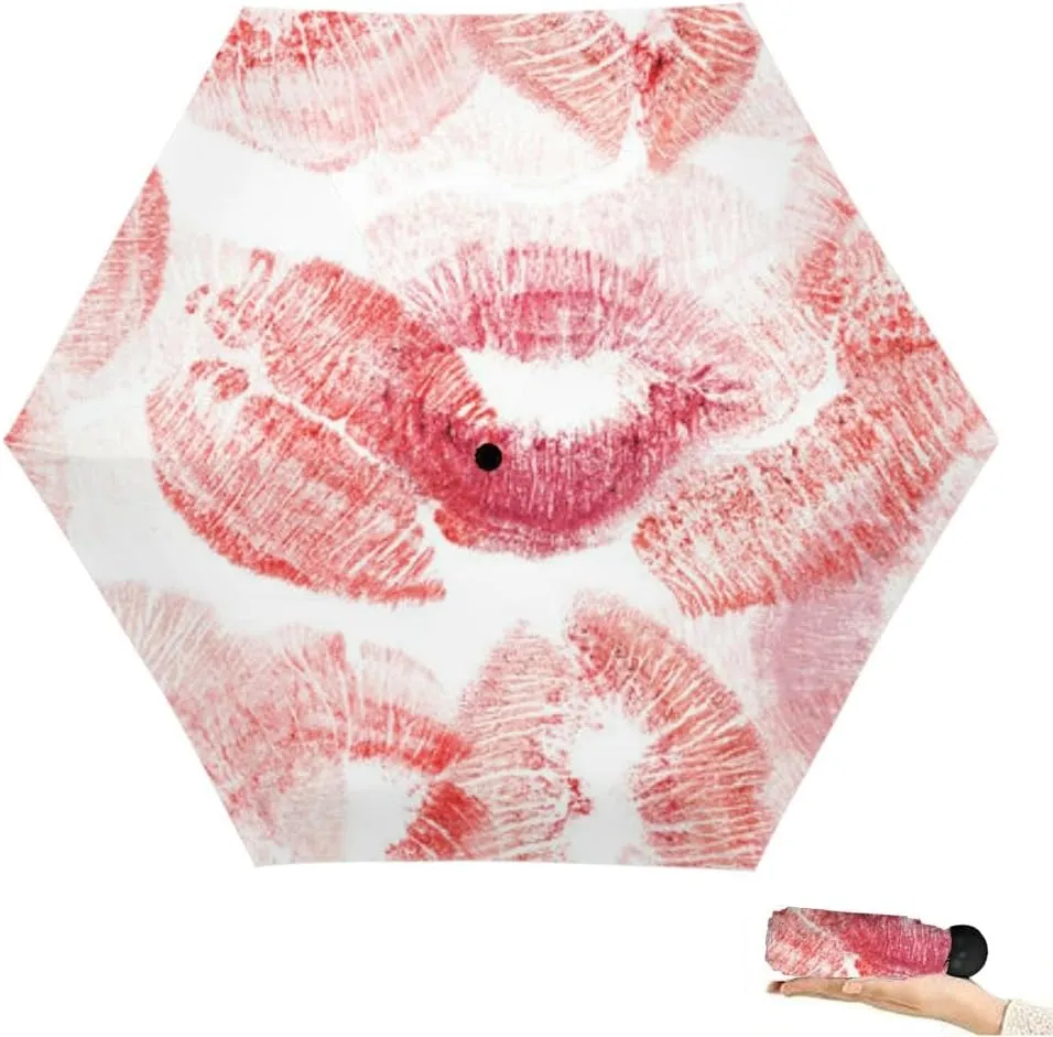Travel Umbrella for Rain Windproof Watercolor pink lips mouth allover print Air kiss Kiss an an Cute Portable Compact Mini Umbrella for Women Purse Backpack Car Black Sun UV Protection