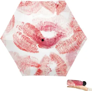 Travel Umbrella for Rain Windproof Watercolor pink lips mouth allover print Air kiss Kiss an an Cute Portable Compact Mini Umbrella for Women Purse Backpack Car Black Sun UV Protection