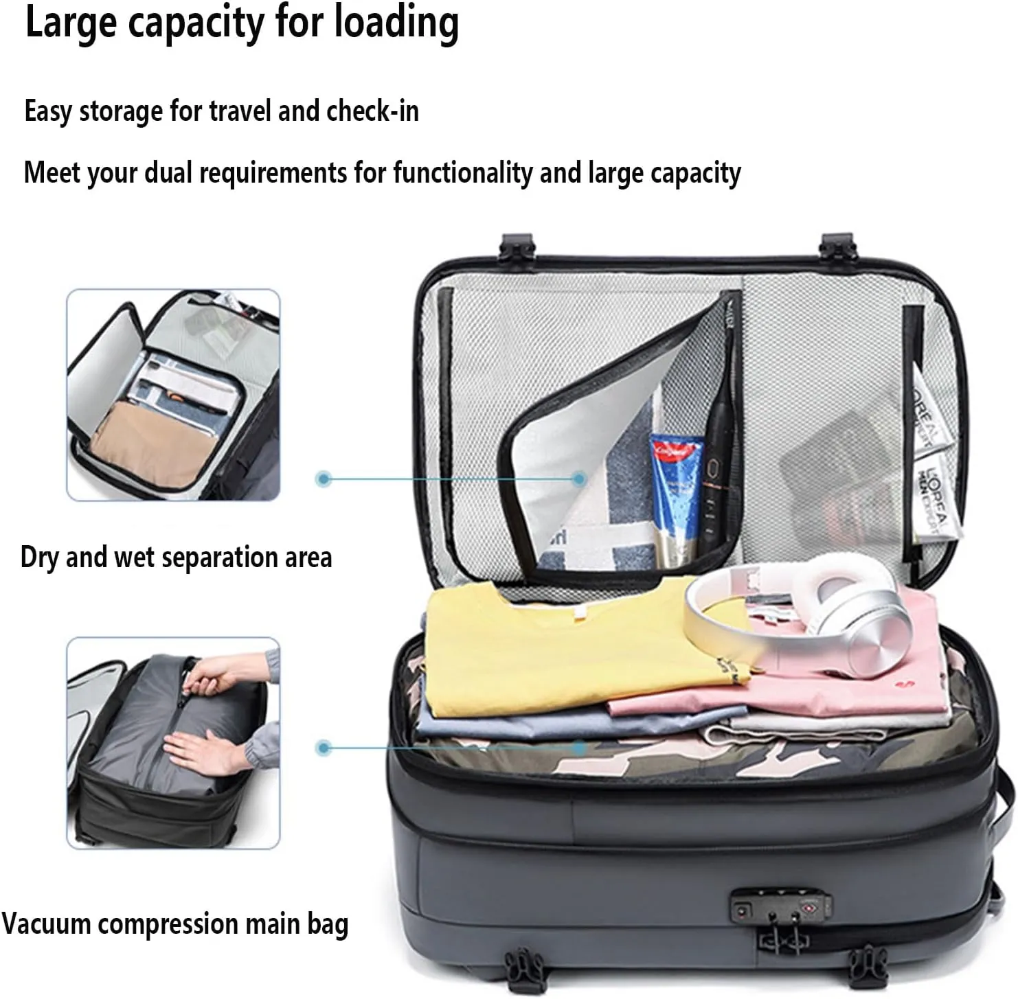 Travel Vacuum Backpack Unisex for 19 Inch Laptop, Business Smart Backpack with 20W Solar Foldable Charging Panel(Color:Light gray)