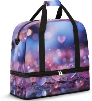 Travel Weekend Bag Crystal Hearts Sports Tote Gym Bags for Women Men, Heart Shoulder Weekender Overnight Bag with Shoes