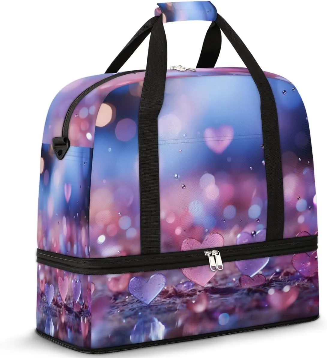 Travel Weekend Bag Crystal Hearts Sports Tote Gym Bags for Women Men, Heart Shoulder Weekender Overnight Bag with Shoes