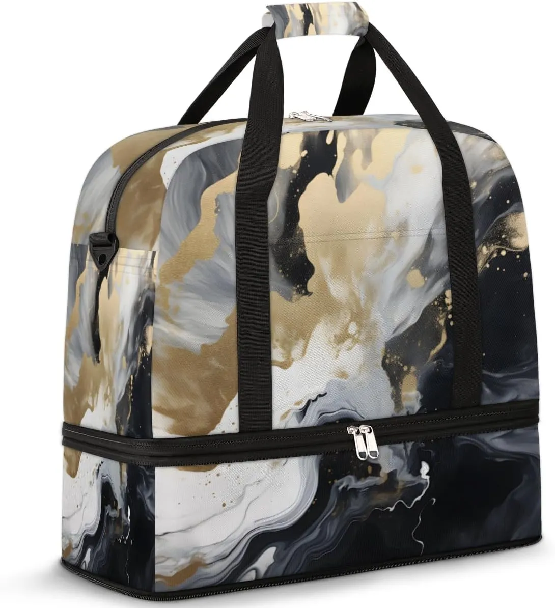 Travel Weekend Bag Liquid Marble Texture Sports Tote Gym Bags for Women Men, Black White Gold Skin Shoulder Weekender Overnight Bag with Shoes