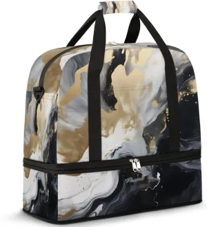 Travel Weekend Bag Liquid Marble Texture Sports Tote Gym Bags for Women Men, Black White Gold Skin Shoulder Weekender Overnight Bag with Shoes