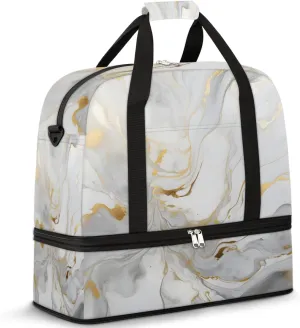 Travel Weekend Bag Marble Liquid Texture Sports Tote Gym Bags for Women Men, White Gold Marble Shoulder Weekender Overnight Bag with Shoes
