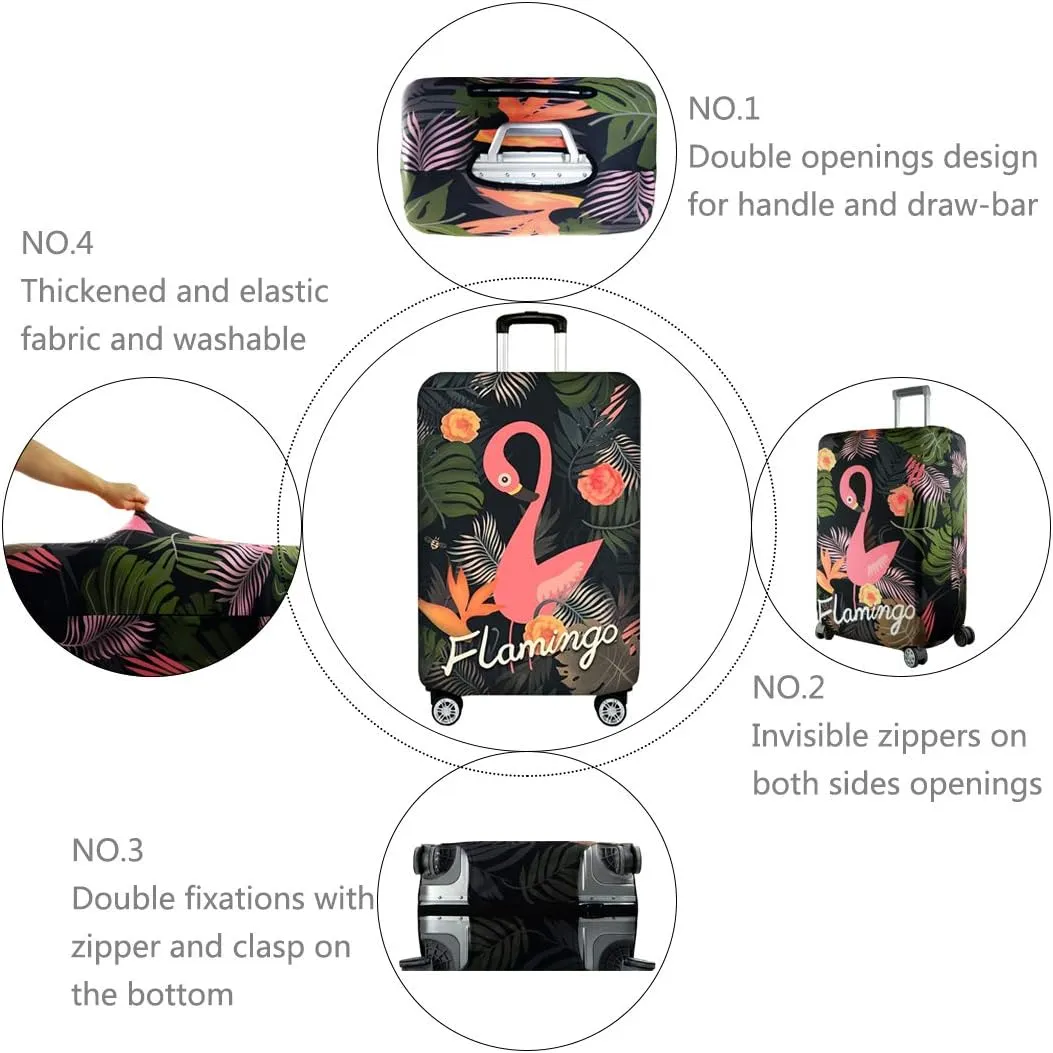 TRAVELKIN Travel Elastic Spandex Suitcase Protector Case, 18/24/28/32 Inch Suitcase Protective Cover, Thickened and Washable Luggage Cover (XL(29"-32" luggage), Black Flamingo)