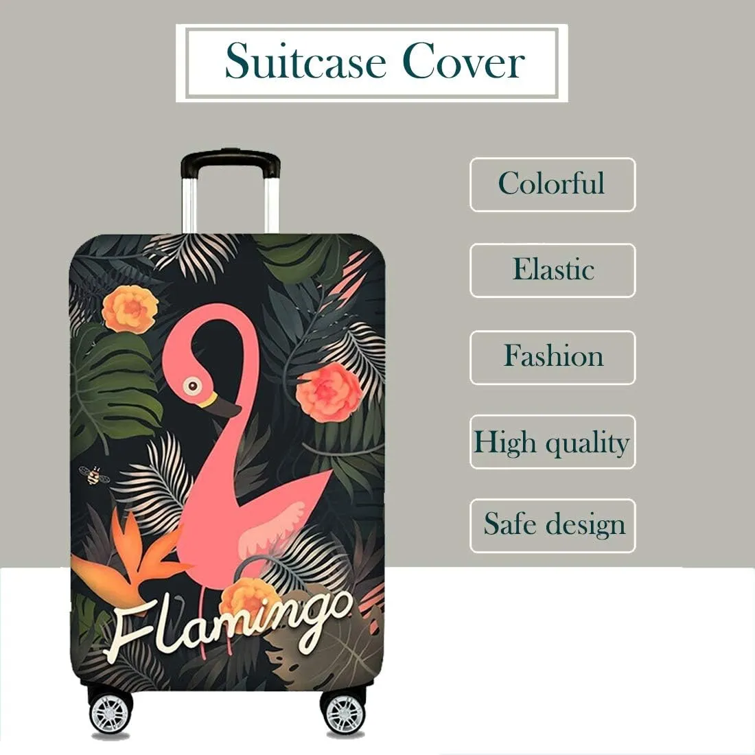 TRAVELKIN Travel Elastic Spandex Suitcase Protector Case, 18/24/28/32 Inch Suitcase Protective Cover, Thickened and Washable Luggage Cover (XL(29"-32" luggage), Black Flamingo)