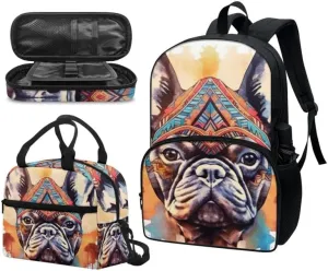 Tribal Pug Dog Backpack Sets Large Capacity Backpacks, Aztec Navajo Ethnic Puppy Youth Girls Lunch Bag, Southwest Boho Pug School Pencil Bag Junior/Senior Students