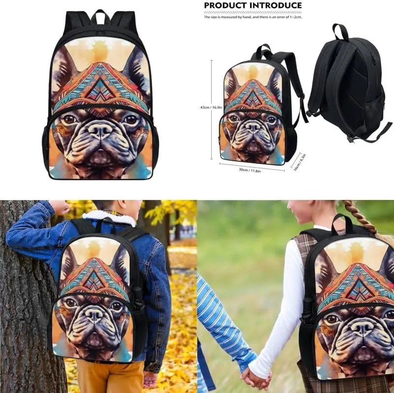 Tribal Pug Dog Backpack Sets Large Capacity Backpacks, Aztec Navajo Ethnic Puppy Youth Girls Lunch Bag, Southwest Boho Pug School Pencil Bag Junior/Senior Students