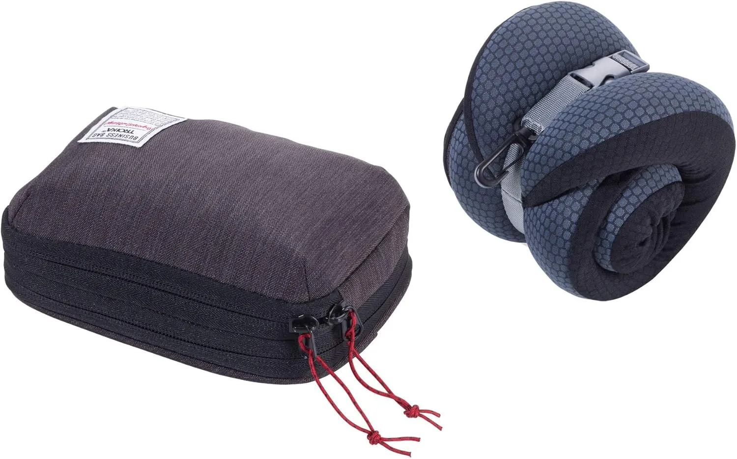 Troika Neck pillow in compression bag – BUSINESS TRAVEL PILLOW – can be rolled up to save space – Memory Foam: permanently dimensionally stable – for train, car, plane, sofa – polyester – black, grey