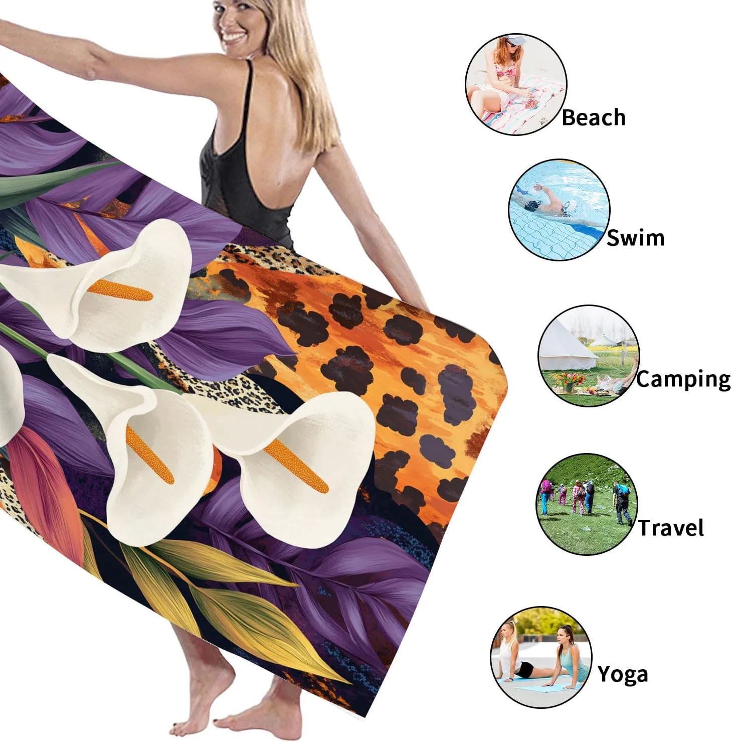 Tropical Canna Lily Beach Towel Extra Large Vibrant White Flowers Microfiber Blanket, Quick Dry Soft Sand Free Lightweight for Summer Travel Pool Gym Picnic Essentials 62x31 Inch
