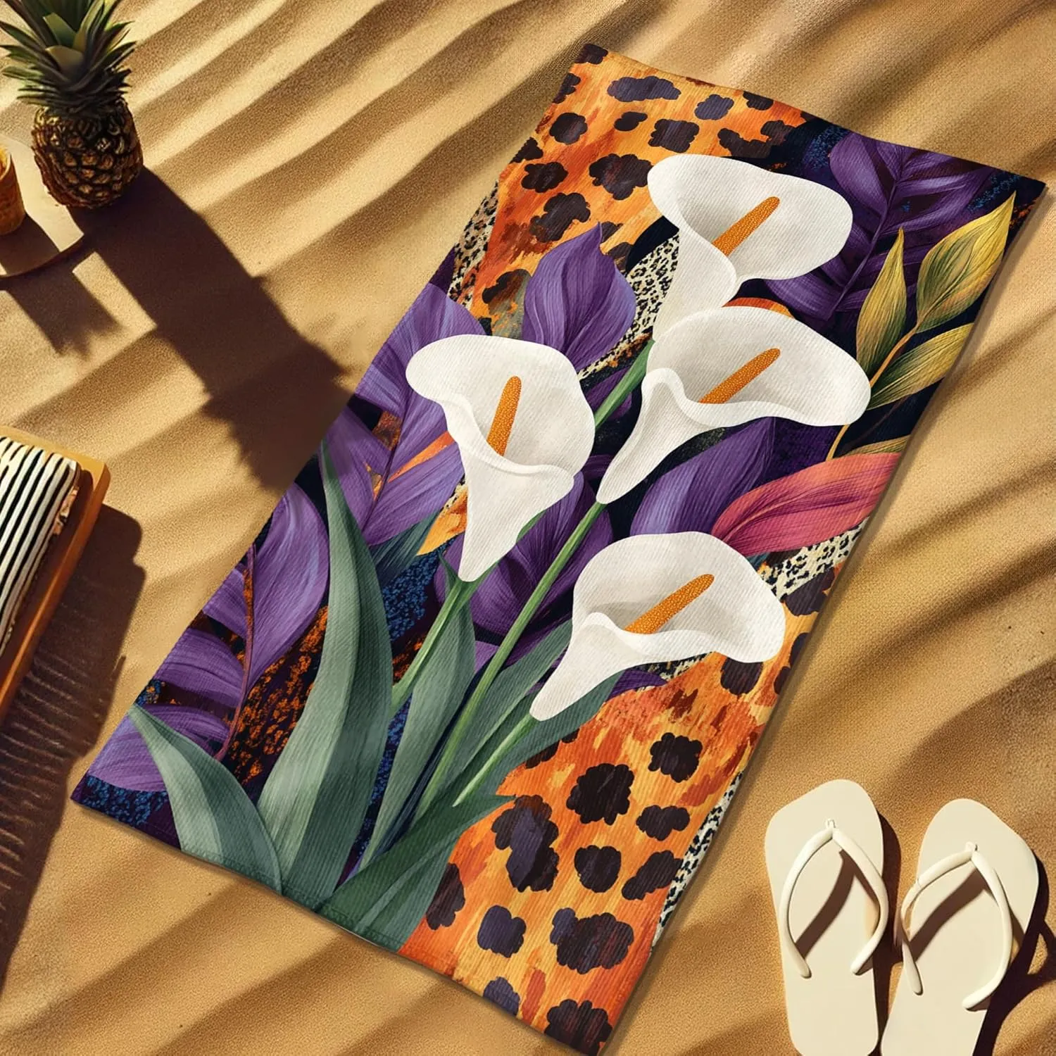 Tropical Canna Lily Beach Towel Extra Large Vibrant White Flowers Microfiber Blanket, Quick Dry Soft Sand Free Lightweight for Summer Travel Pool Gym Picnic Essentials 62x31 Inch