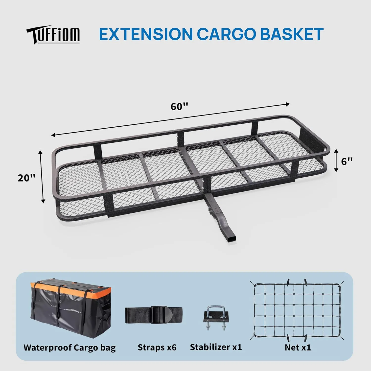 TUFFIOM 60"x20"x6" Folding Hitch Mount Cargo Carrier Basket, 500lbs Steel Car Cargo Trailer Hitch Luggage Rack with Net, Waterproof Cargo Bag, Straps & Stabilizer for SUV Car Truck Van