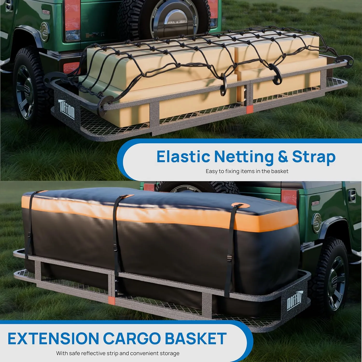 TUFFIOM 60"x20"x6" Folding Hitch Mount Cargo Carrier Basket, 500lbs Steel Car Cargo Trailer Hitch Luggage Rack with Net, Waterproof Cargo Bag, Straps & Stabilizer for SUV Car Truck Van