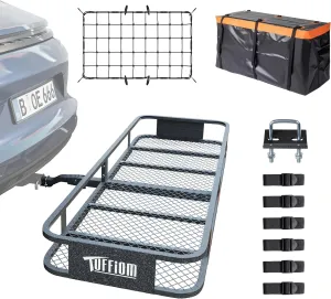 TUFFIOM 60"x20"x6" Folding Hitch Mount Cargo Carrier Basket, 500lbs Steel Car Cargo Trailer Hitch Luggage Rack with Net, Waterproof Cargo Bag, Straps & Stabilizer for SUV Car Truck Van