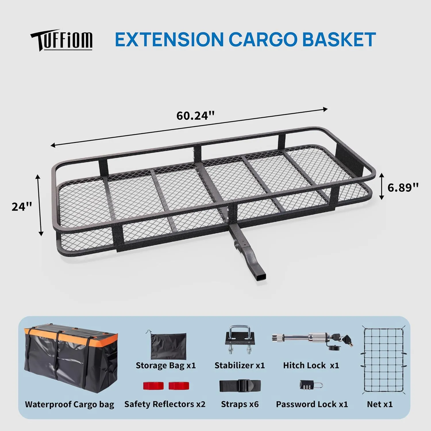TUFFIOM 60"x24"x6" Folding Hitch Mount Cargo Carrier Basket, 500lbs Steel Car Cargo Trailer Hitch Luggage Rack, w/Hitch Lock Password Lock Net Waterproof Cargo Bag Straps Stabilizer for SUV Truck Van
